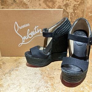 Christian Louboutin Jute Praia Wedge Espadrilles Platform Ankle Strap Black 35